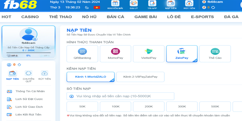 Nạp tiền FB68 live 2 Nạp tiền FB68 live với Zalo Pay